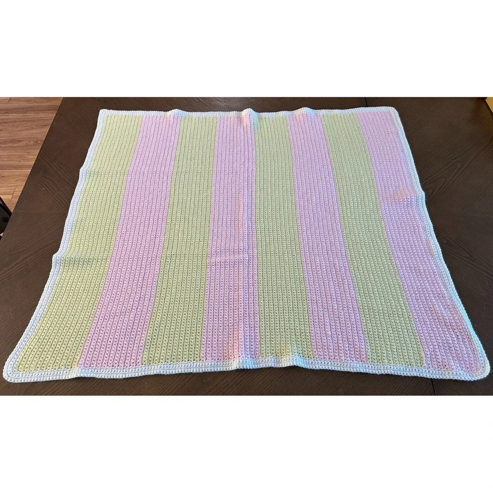 Vintage Handmade Crochet Afghan Blanket Yellow‎ and Pink Striped 35'' x 32''